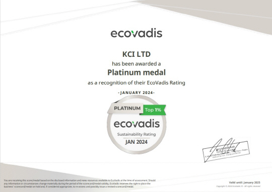 KCI가 글로벌 ESG 평가업체인 '에코바디스'(EcoVadis)'로부터 획득한 플래티넘 메달 인증서. 삼양그룹 제공